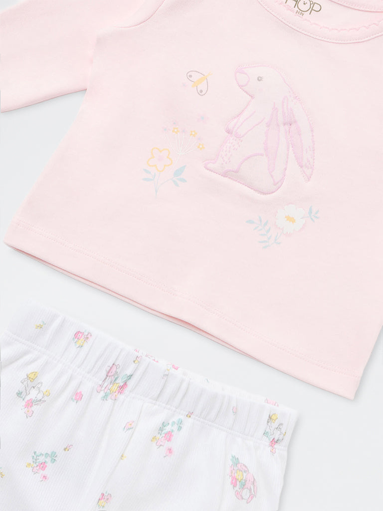 HOP Baby Girls Pink Bunny Embroidered Cotton T-Shirt and Pants Set