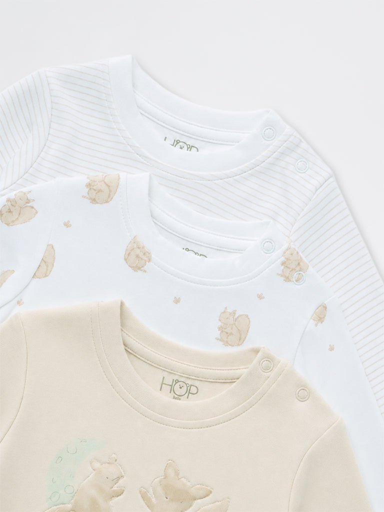 HOP Baby Boys Light Beige Animal Printed Cotton T-Shirts - Pack of 3