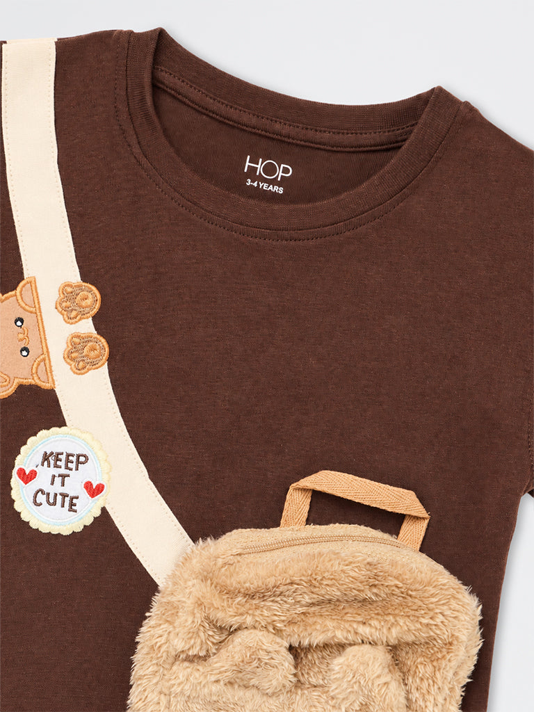 HOP Kids Girls Brown Sling-Bag Design Cotton T-Shirt