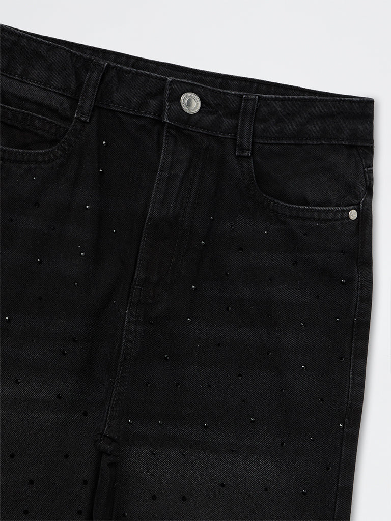 Girls Black Embellished High-Rise Jeans