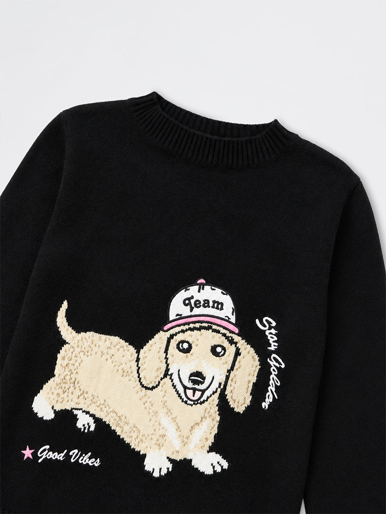 Girls Black Puppy Design Knitted Sweater