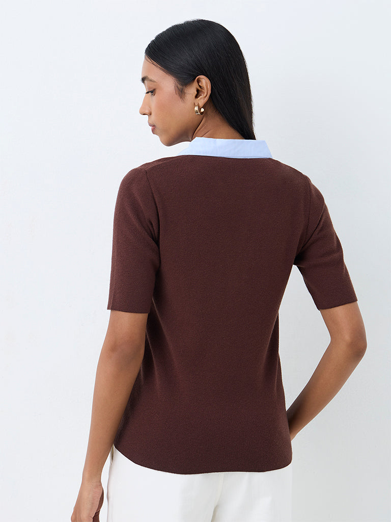 Wardrobe Dark Brown Contrast-Detail Knitted Top