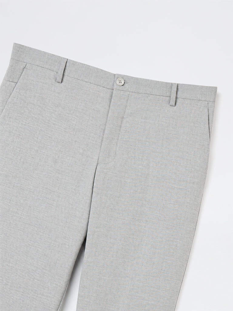 WES Formals Light Grey Textured Carrot-Fit Mid-Rise Trousers