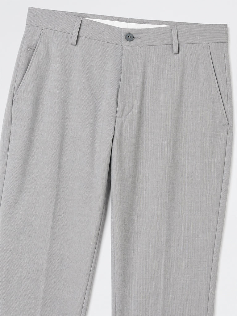 WES Formals Grey Solid Ultra-Slim Fit Mid-Rise Trousers