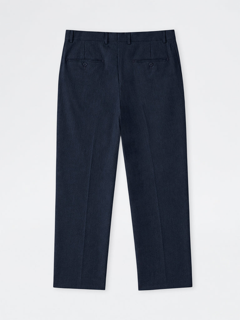 WES Formals Dark Blue Solid Relaxed-Fit Mid-Rise Trousers