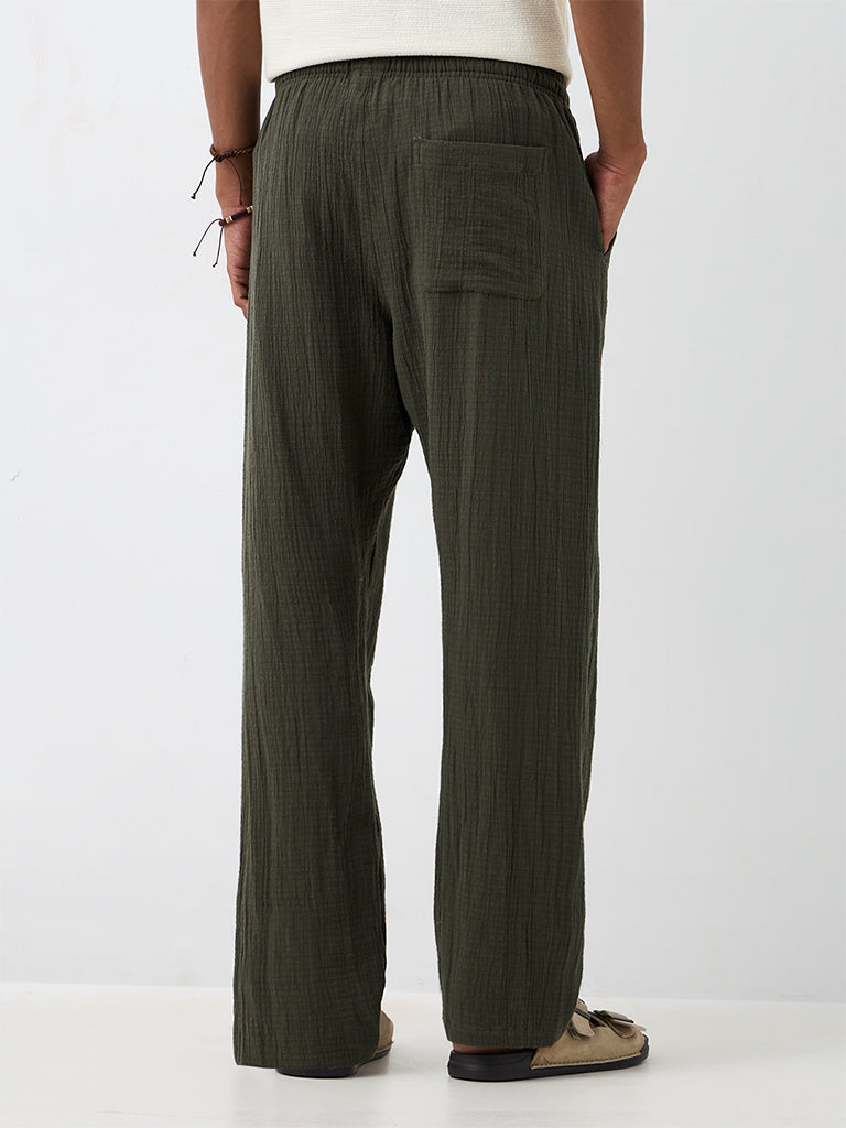ETA Olive Crinkle-Textured Relaxed-Fit Mid-Rise Chinos