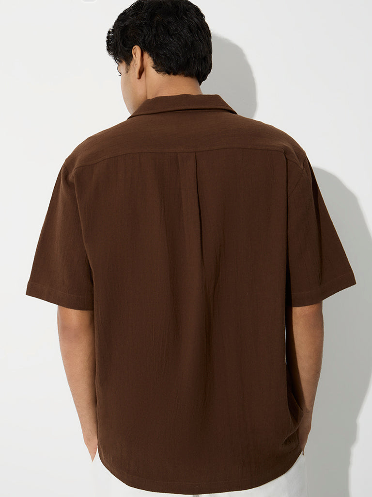 ETA Dark Brown Floral Embroidered Relaxed-Fit Cotton Shirt