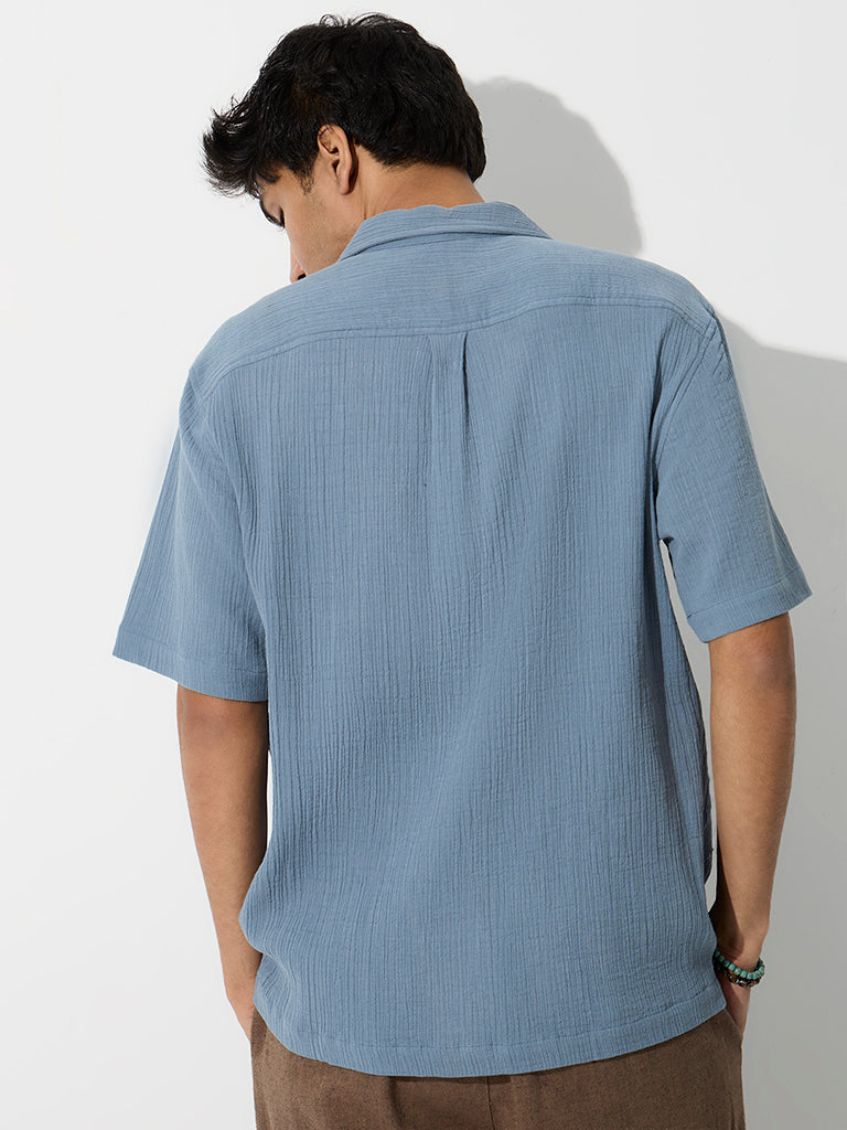 ETA Dusty Blue Embroidered Relaxed-Fit Cotton Shirt
