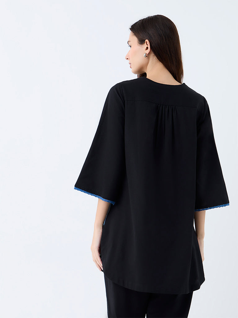 Utsa Black Embroidered Cotton-Blend Kurti