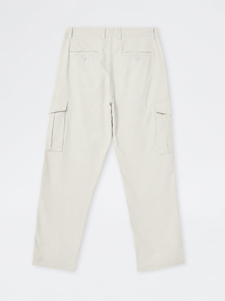 WES Casuals Off-White Relaxed-Fit Mid-Rise Cotton Cargo Pants
