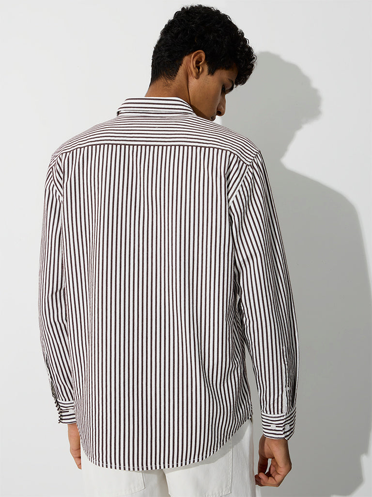 WES Casuals Brown Striped Relaxed-Fit Cotton-Blend Shirt
