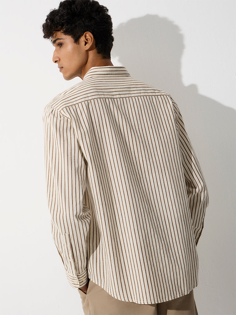 WES Casuals Brown Striped Relaxed-Fit Cotton Shirt