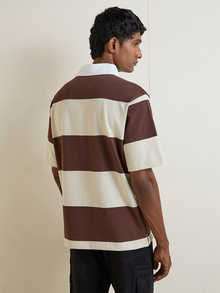 WES Casuals Beige Striped Relaxed-Fit Cotton Polo T-Shirt