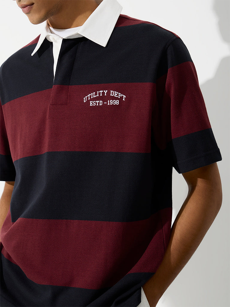 WES Casuals Burgundy Striped Relaxed-Fit Cotton Polo T-Shirt