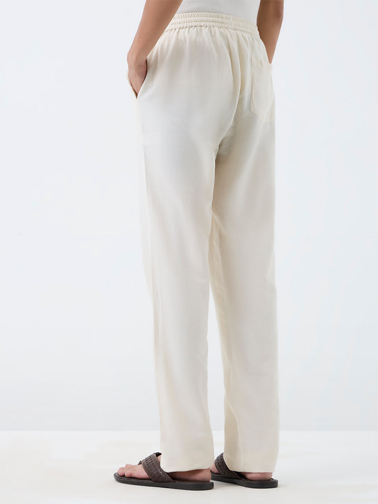Kala by ETA Ivory Relaxed-Fit Mid-Rise Cotton-Blend Pants