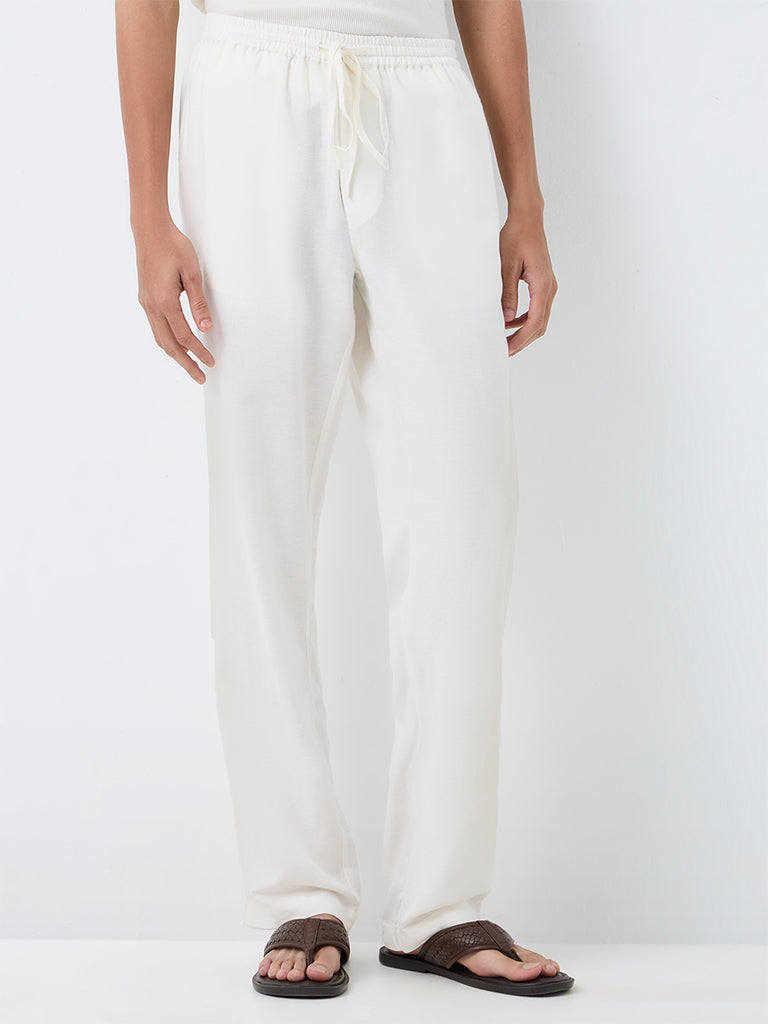 Kala by ETA White Relaxed-Fit Mid-Rise Cotton-Blend Pants