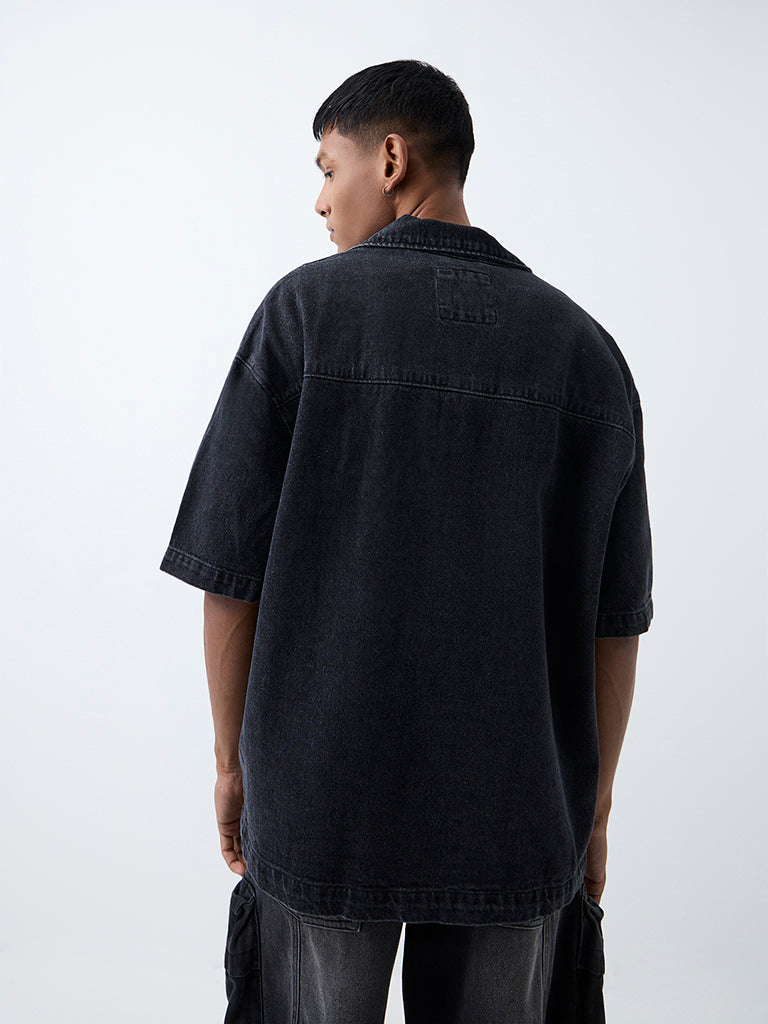 Nuon Dark Charcoal Text-Detail Boxy-Fit Denim Shirt