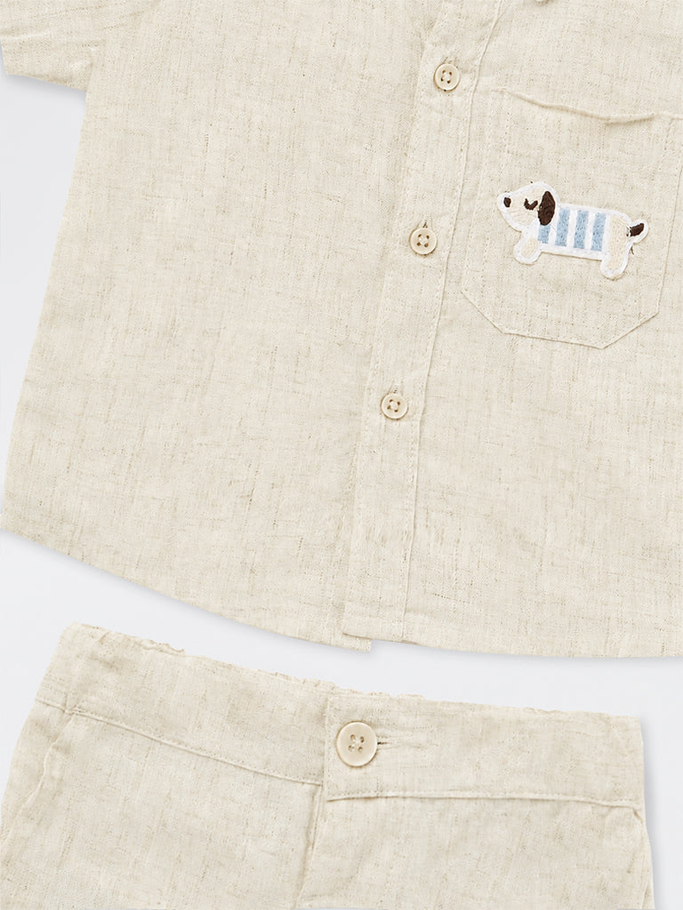 HOP Baby Boys Light Beige Patch-Detail Shirt and Shorts Set