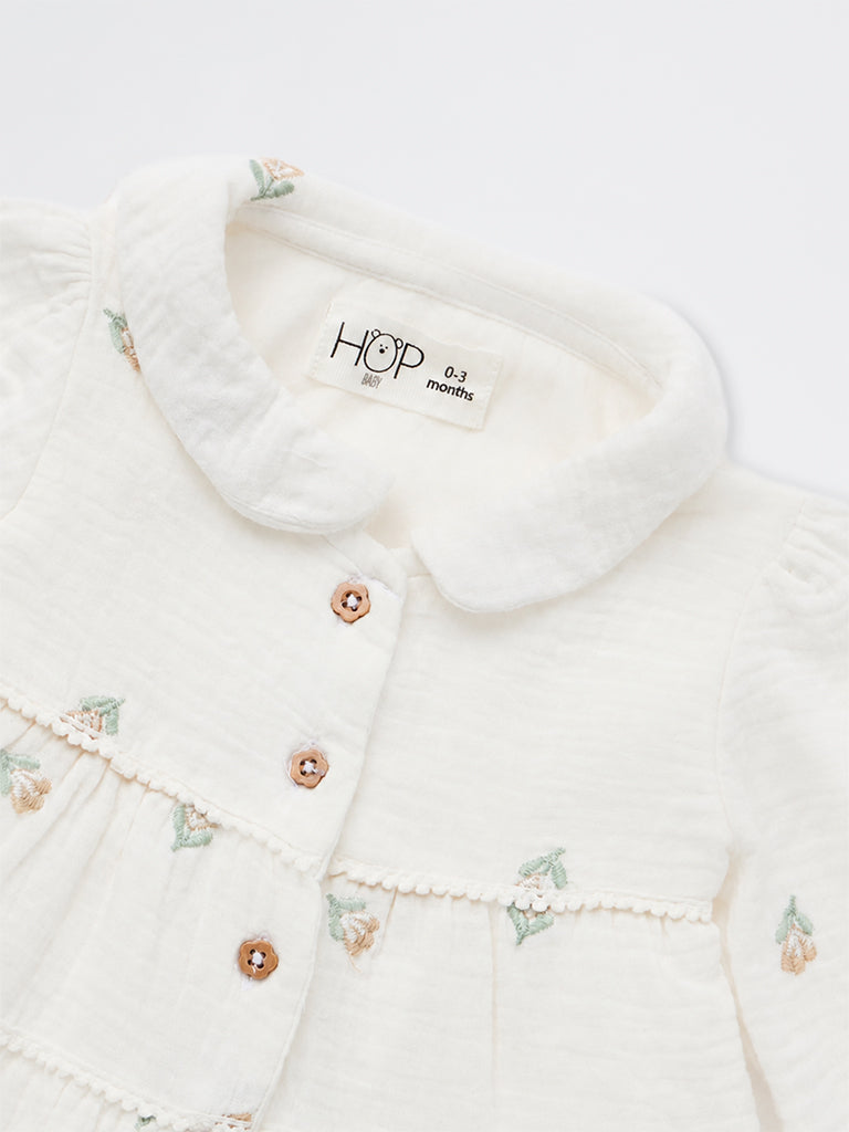 HOP Baby Girls White Floral Embroidered Cotton Tiered Dress