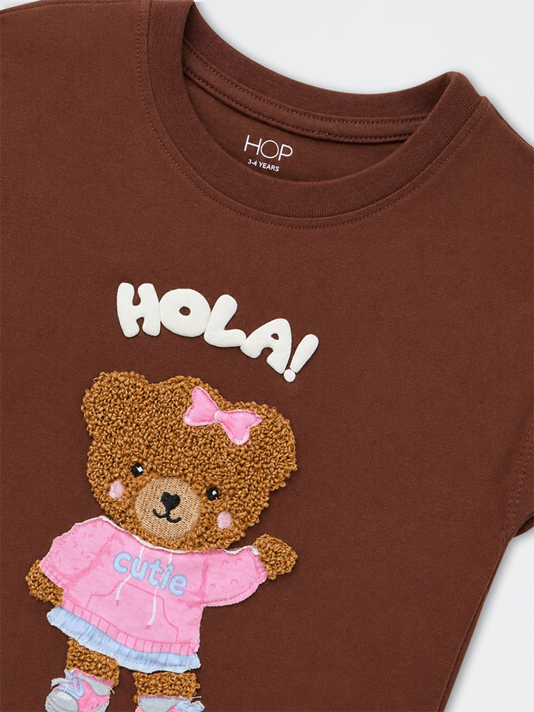 HOP Kids Girls Brown Teddy-Design Cotton Top
