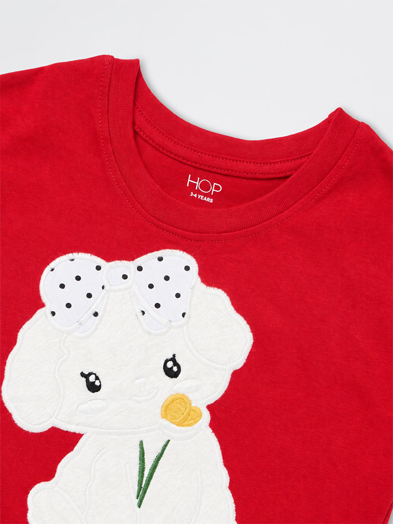 HOP Kids Girls Red Dog Embroidered Cotton Top