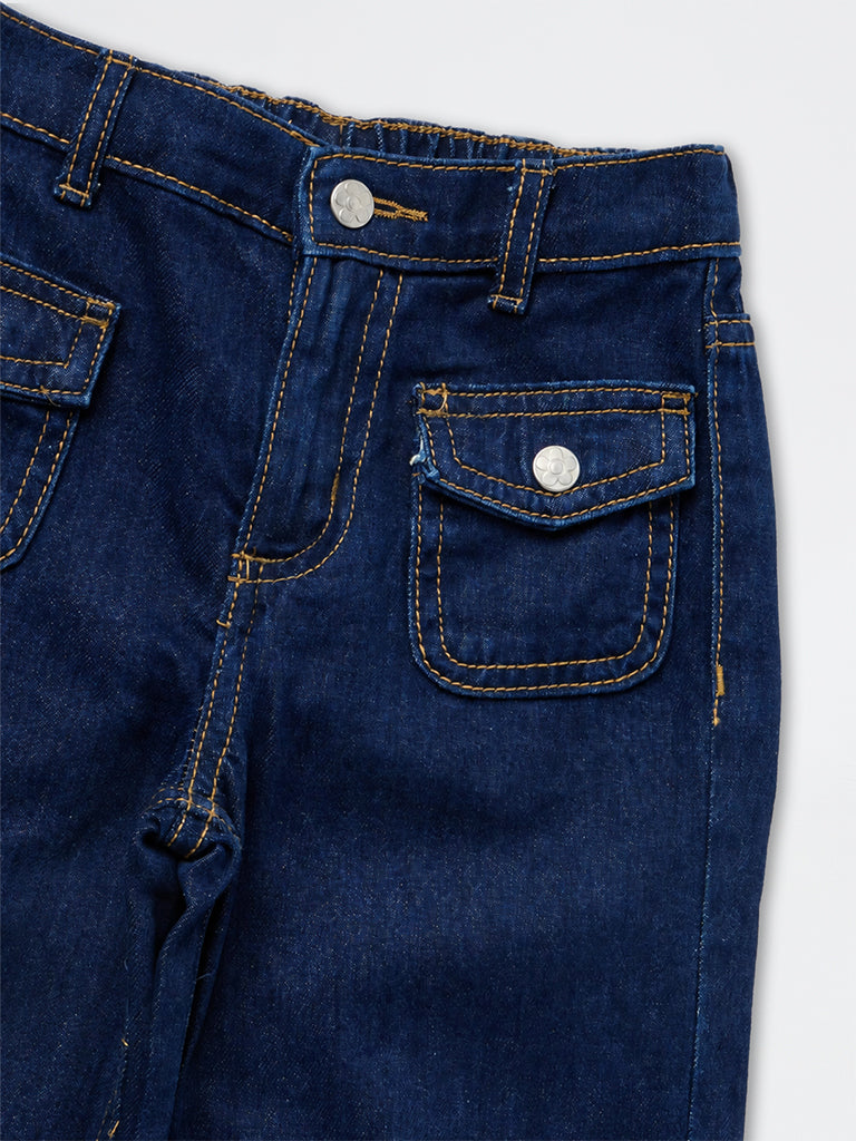 HOP Kids Girls Dark Blue Text-Embroidered High-Rise Jeans