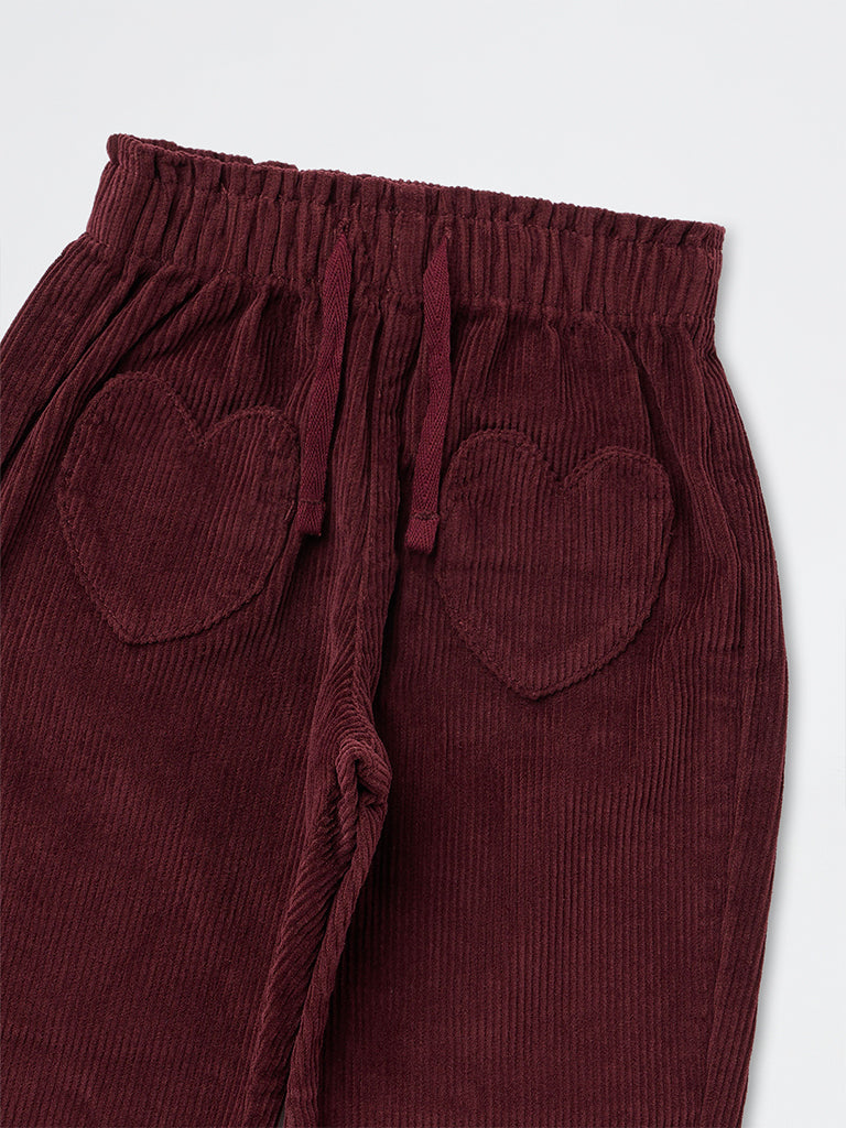 HOP Kids Girls Burgundy High-Rise Corduroy Cotton Trousers
