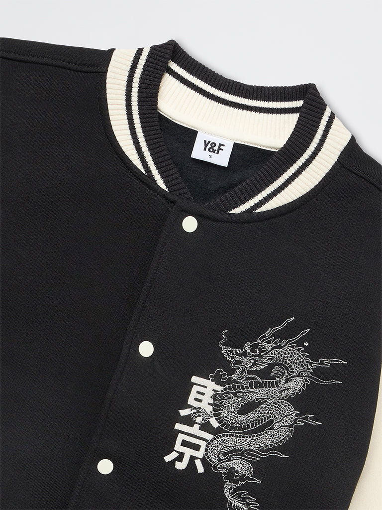 Boys Black Colour-Blocked Cotton-Blend Varsity Jacket