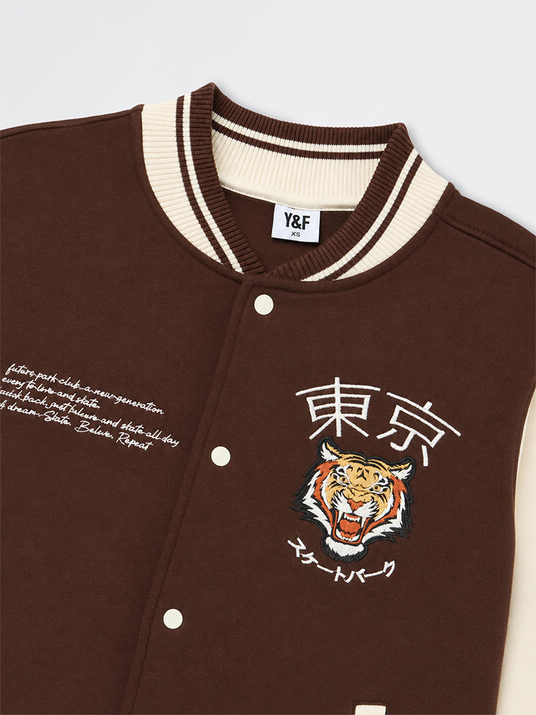 Boys Brown Tiger Embroidered Cotton-Blend Varsity Jacket