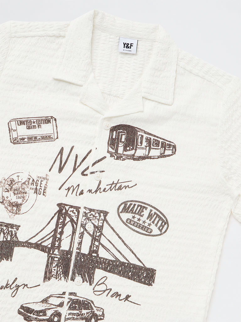 Boys White Cityscape-Inspired Textured Shirt