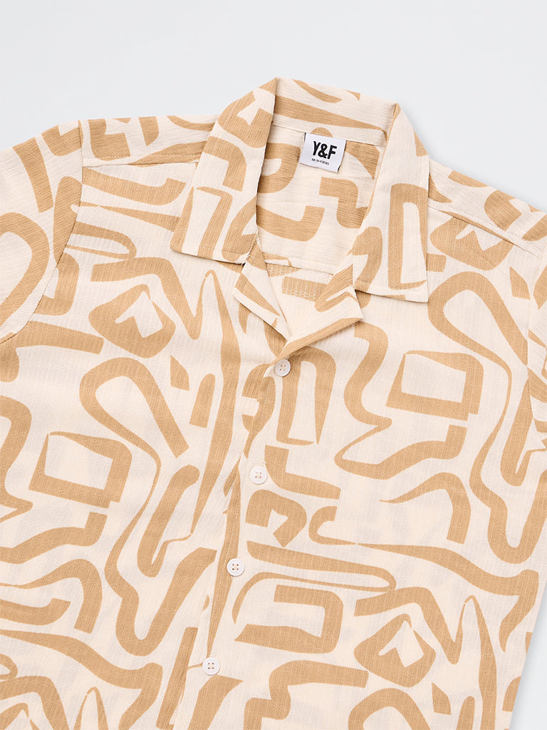 Boys Beige Abstract Printed Shirt