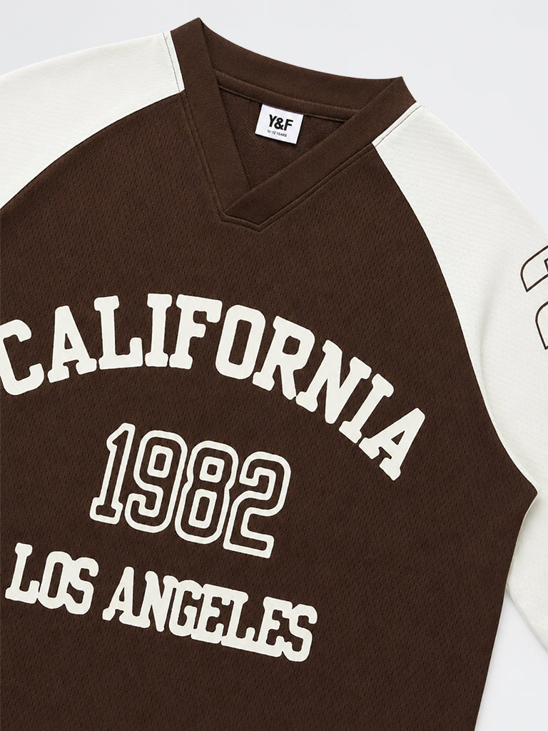 Boys Dark Brown Text Printed Colour-Blocked Jersey T-Shirt