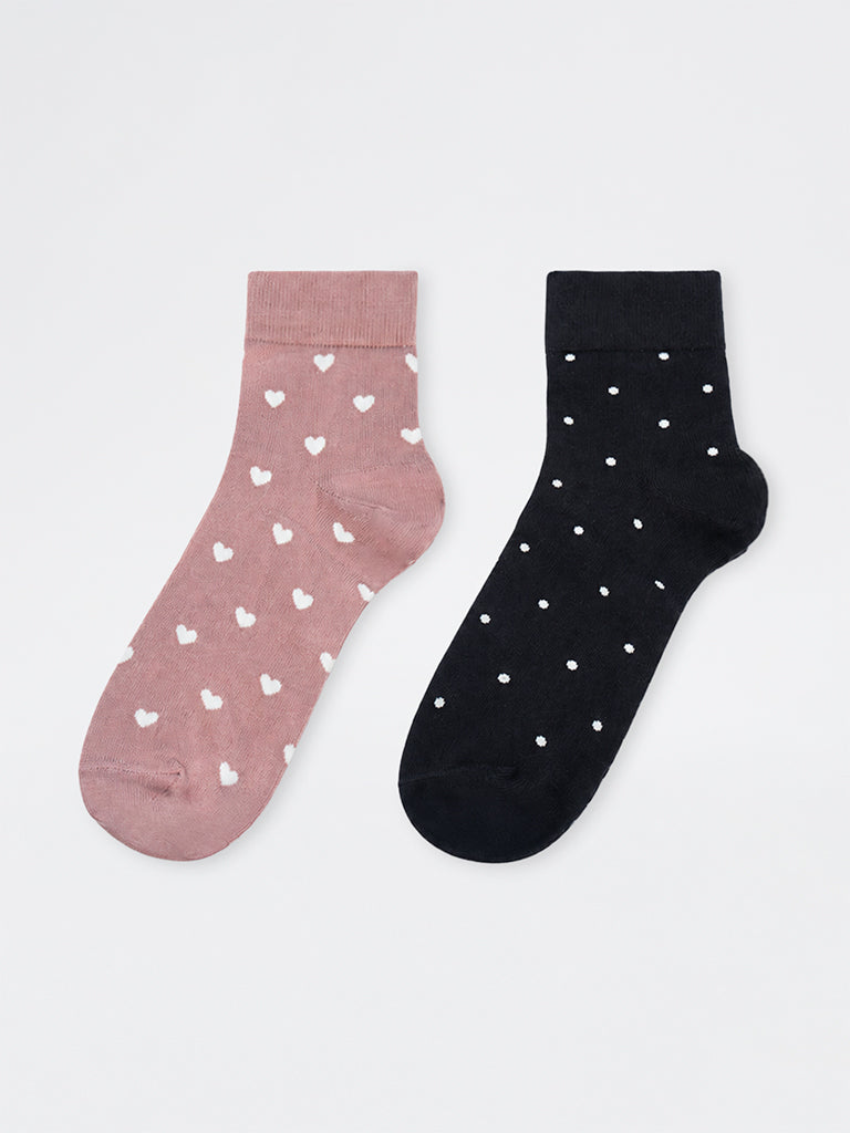 Wunderlove Black and Pink Printed Cotton-Blend Ankle Socks - Pack of 2