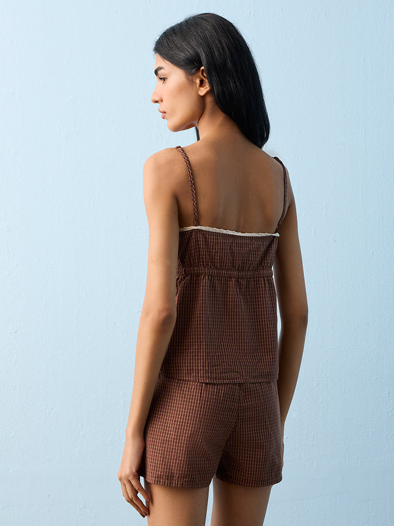 Superstar Brown Checks Pattern Cotton Camisole