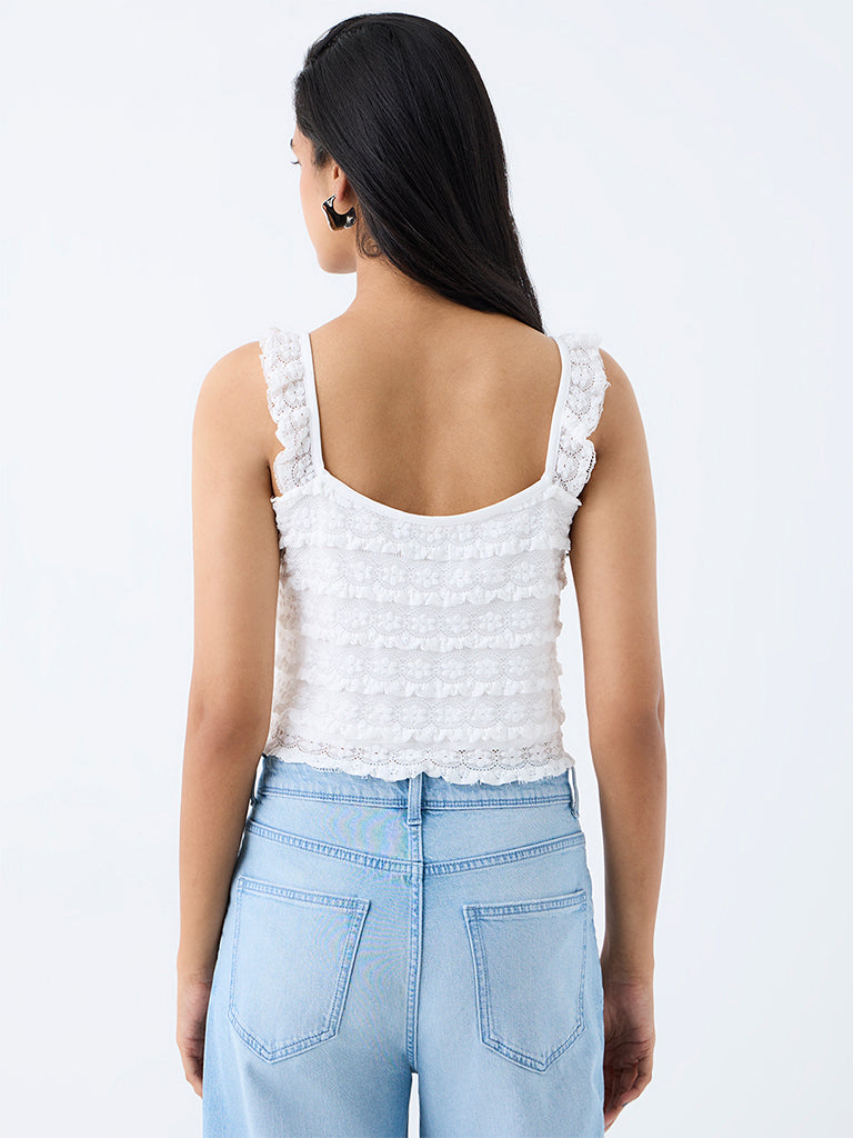 Nuon White Floral Lace Tie-Up Top