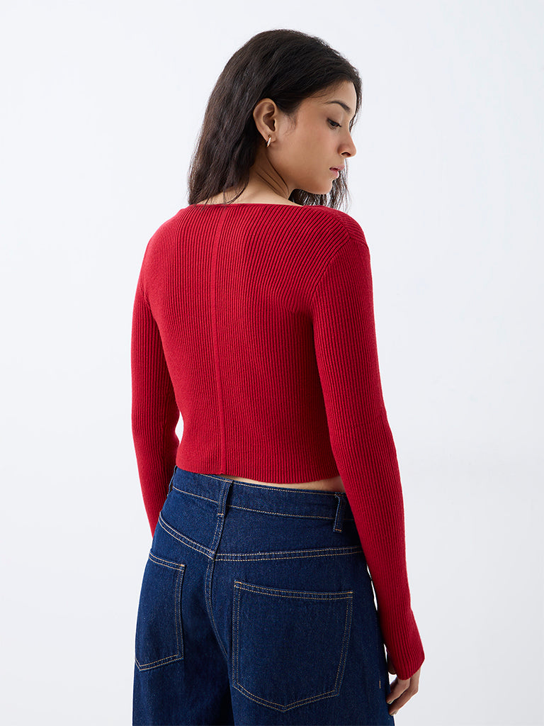 Nuon Red Criss-Cross Detail Ribbed Top