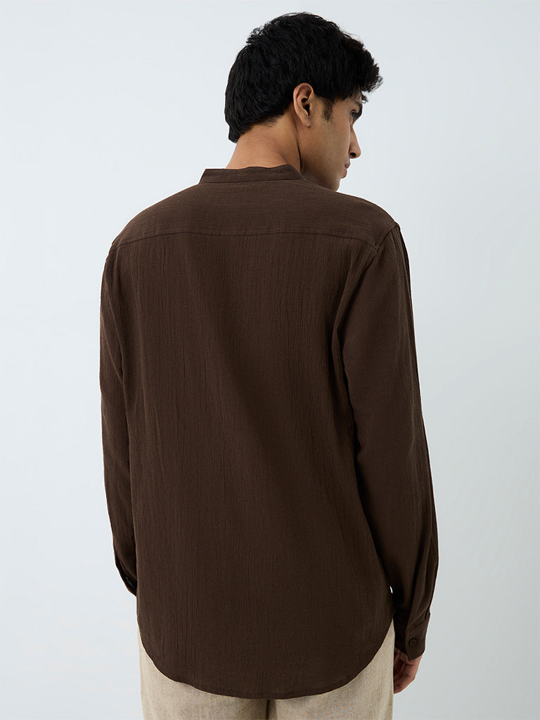 ETA Dark Brown Crinkle-Textured Relaxed-Fit Cotton Shirt