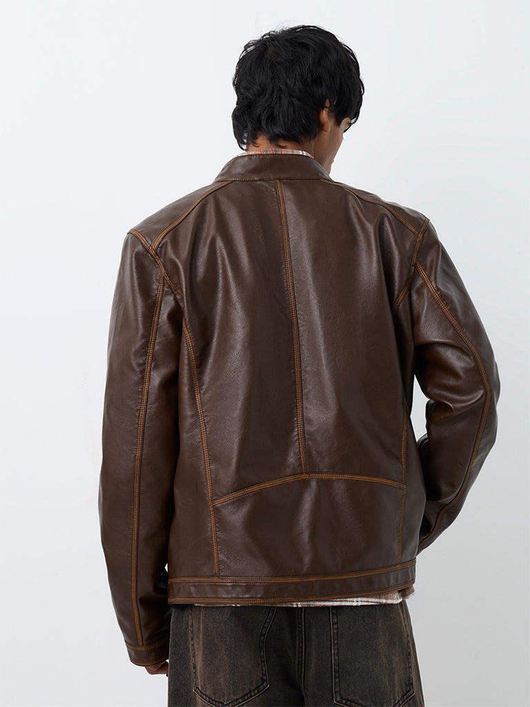 Nuon Dark Brown Relaxed-Fit Faux Leather Biker Jacket
