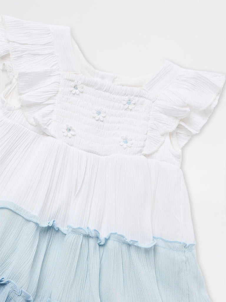HOP Baby Girls White and Blue Floral Patterned Tiered Dress