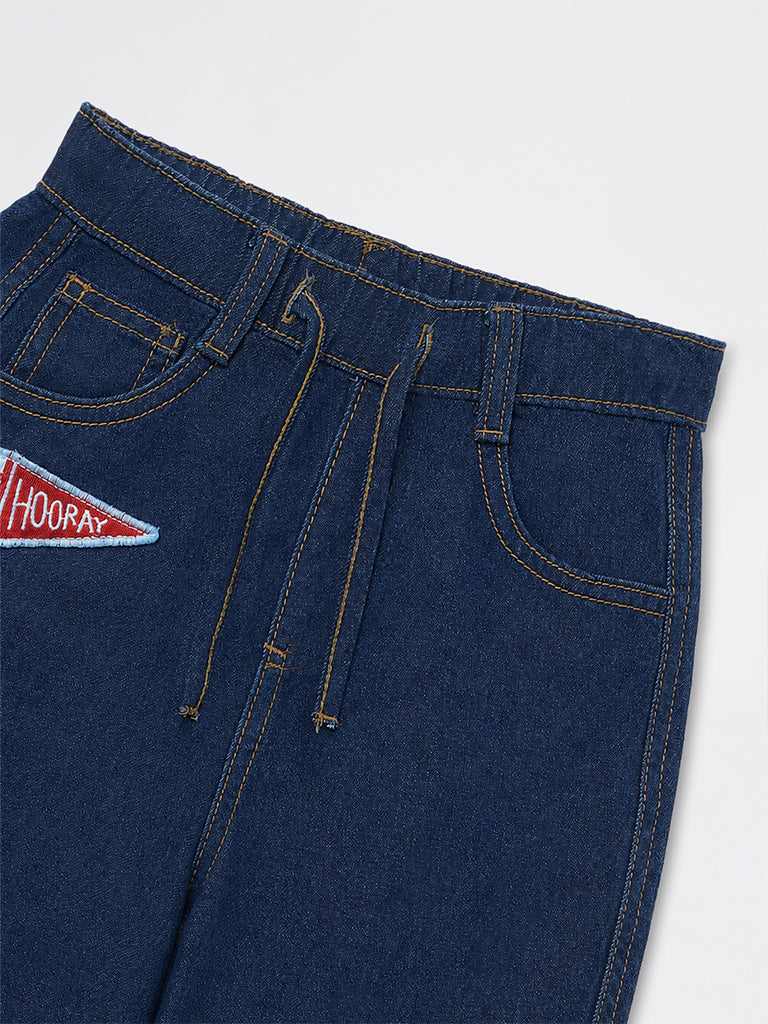 HOP Kids Boys Dark Blue Patch-Detail Mid-Rise Relaxed-Fit Jeans