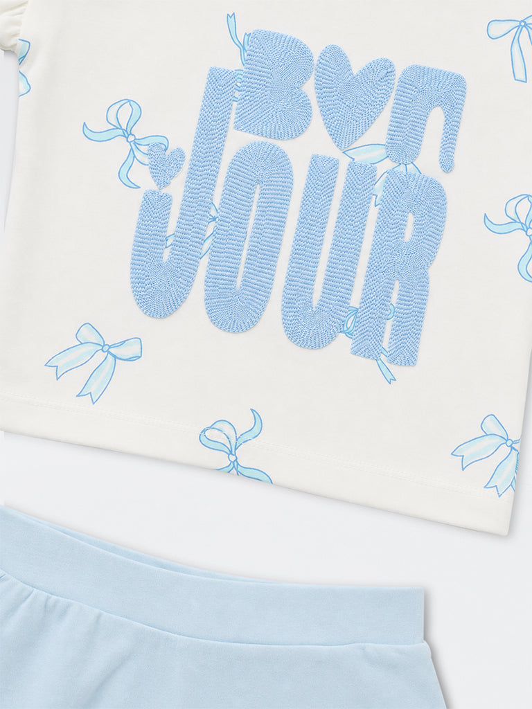 HOP Kids Girls White Text-Embroidered Cotton T-Shirt and Skirt Set
