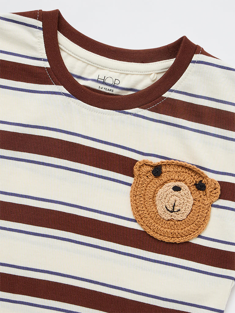 HOP Kids Girls Off-White Striped Cotton T-Shirt