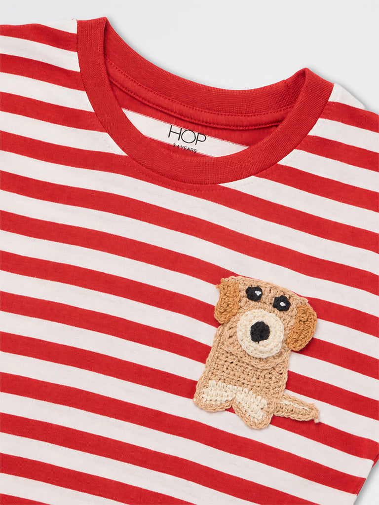 HOP Kids Girls Red Striped Cotton T-Shirt