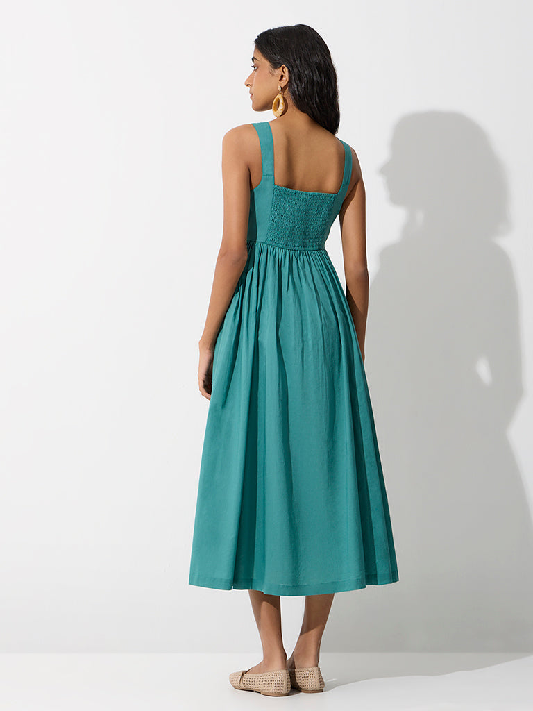Bombay Paisley Teal Floral Embroidered Cotton A-Line Dress