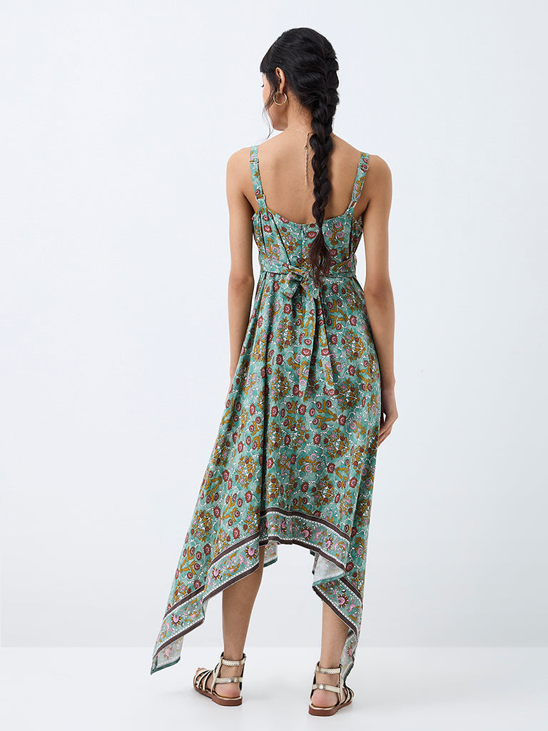 Bombay Paisley Teal Floral Printed Asymmetrical Dress