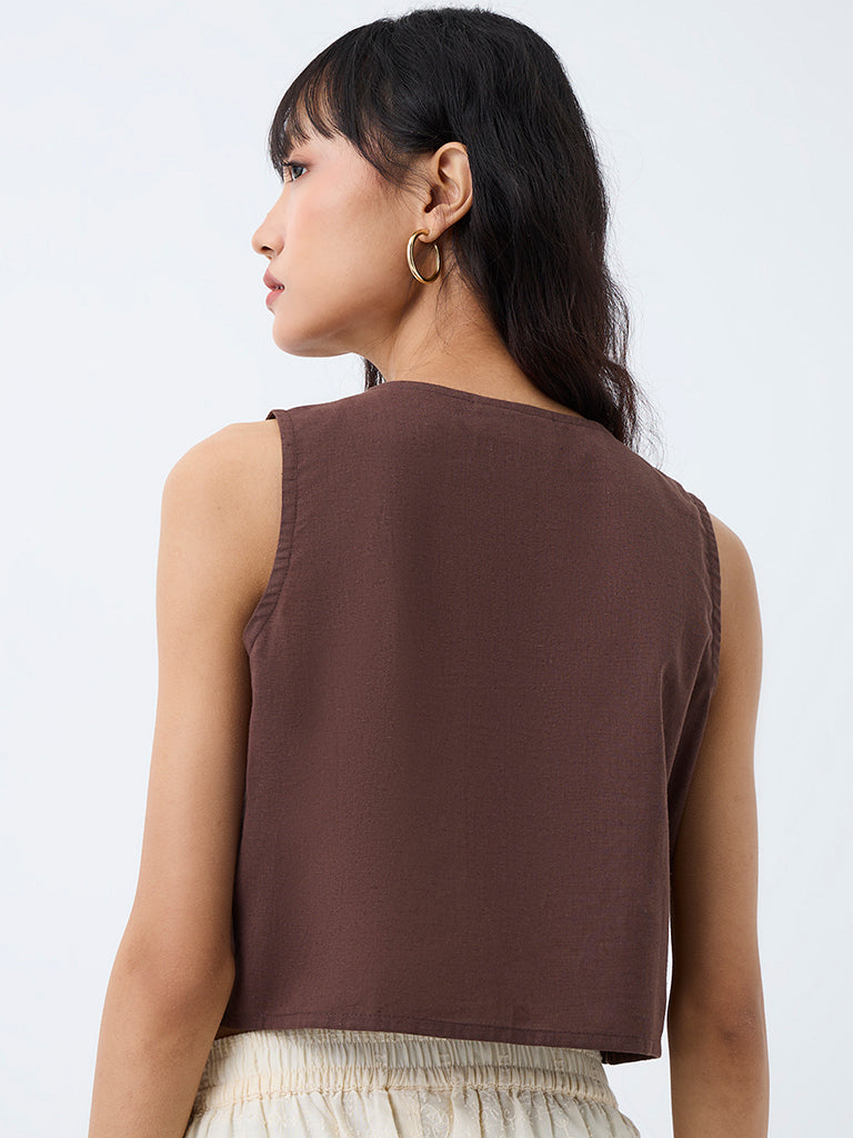 Bombay Paisley Brown Embroidered Cotton-Blend Waistcoat