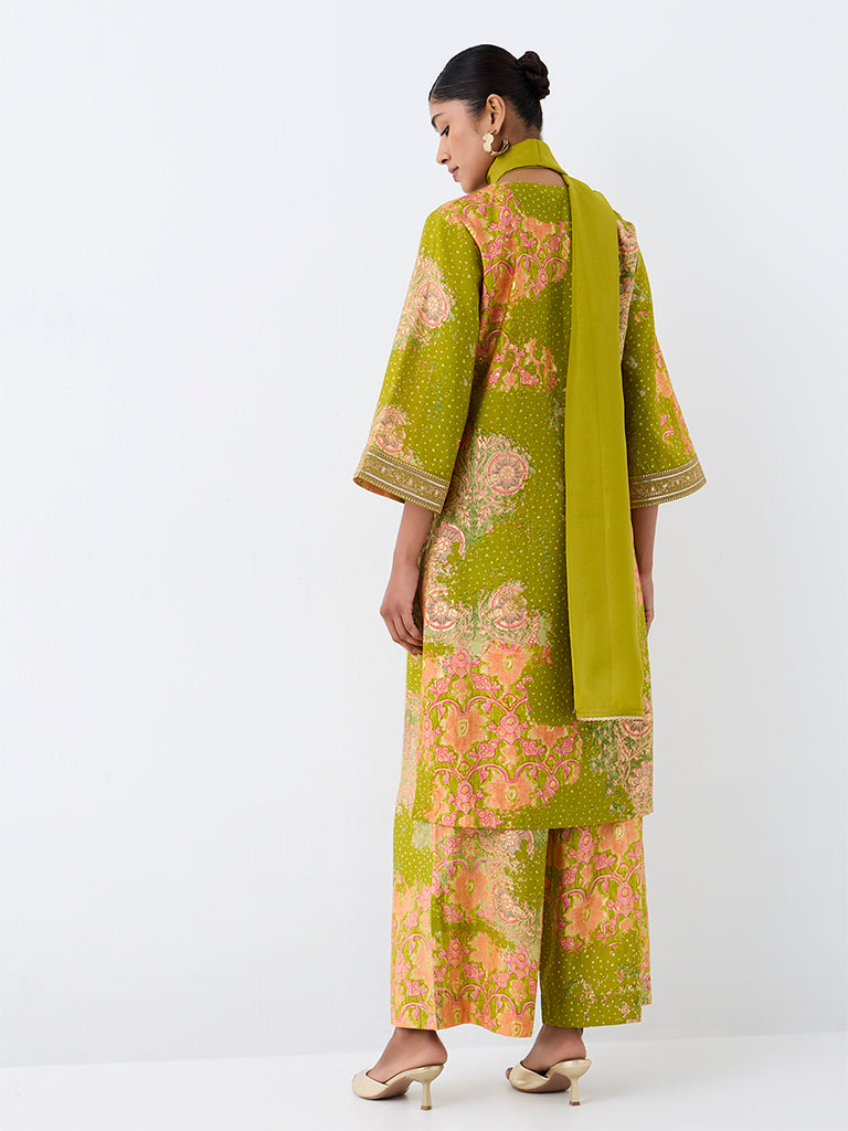 Vark Lime Green Floral Printed Straight Ethnic Set