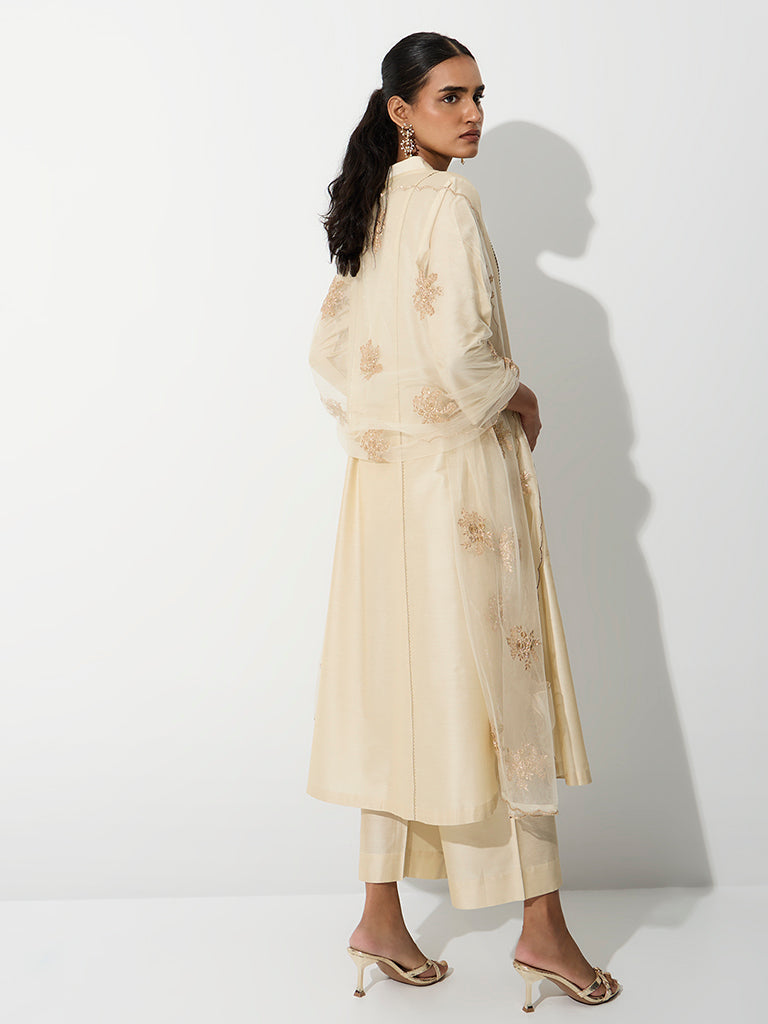 Vark Light Beige Scallop Embroidered A-Line Ethnic Set