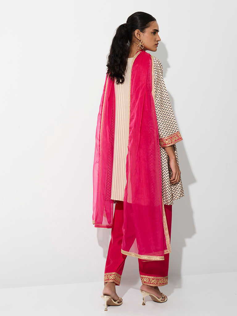 Vark Multicolour Floral Embroidered A-Line Ethnic Set