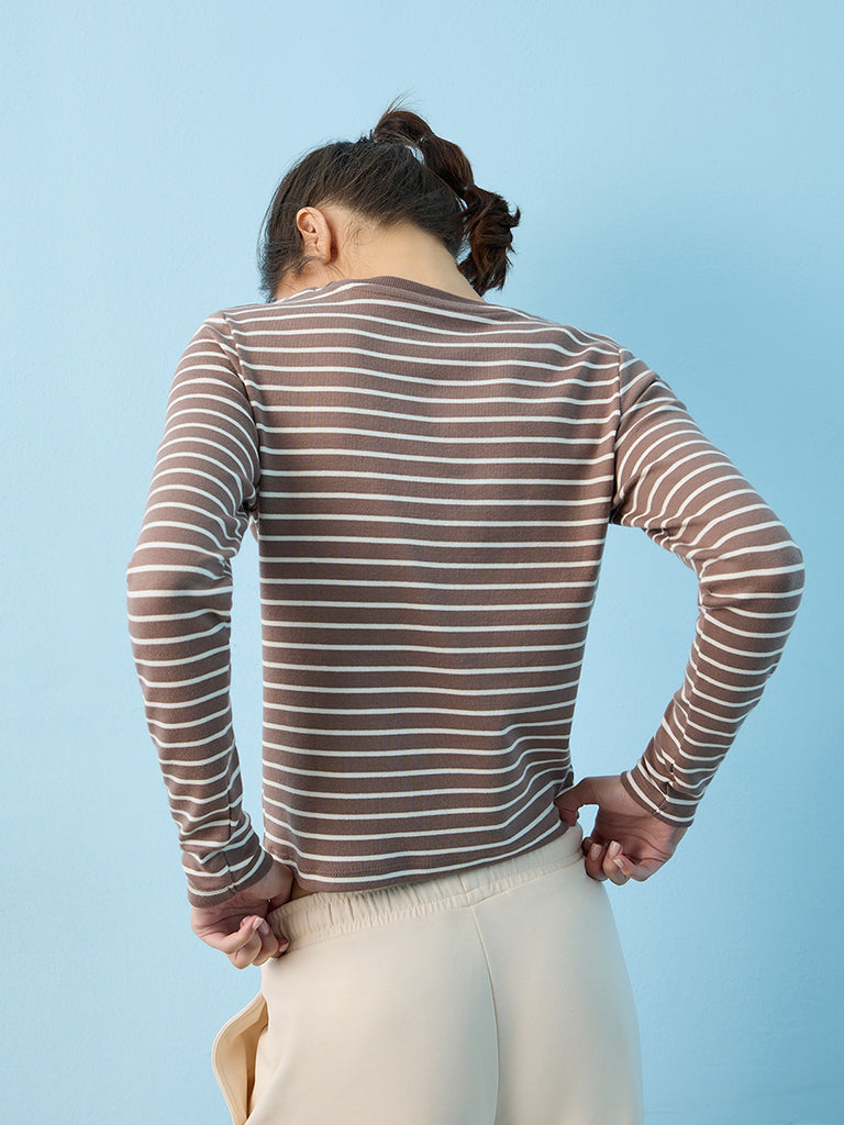 Nuoflexx Brown Striped Cotton-Blend T-Shirt